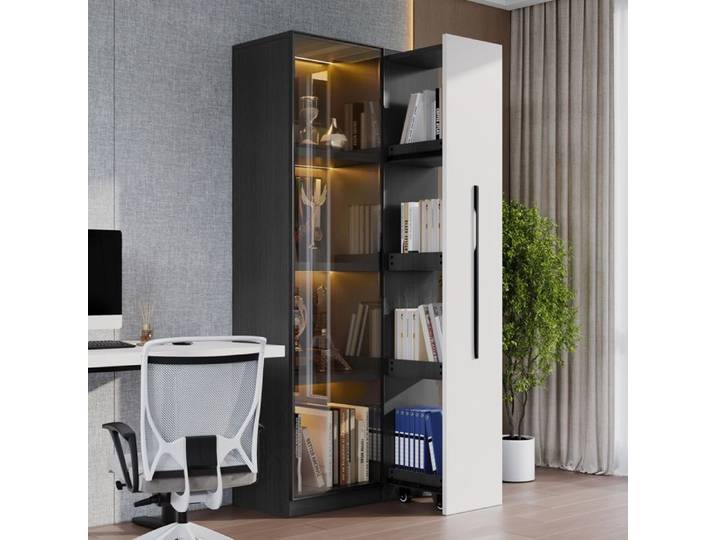 Meuble rangement vitrine bibliothèque avec LED porte en verre trempé module latéral coulissant 70x40x160 cm Grjofek