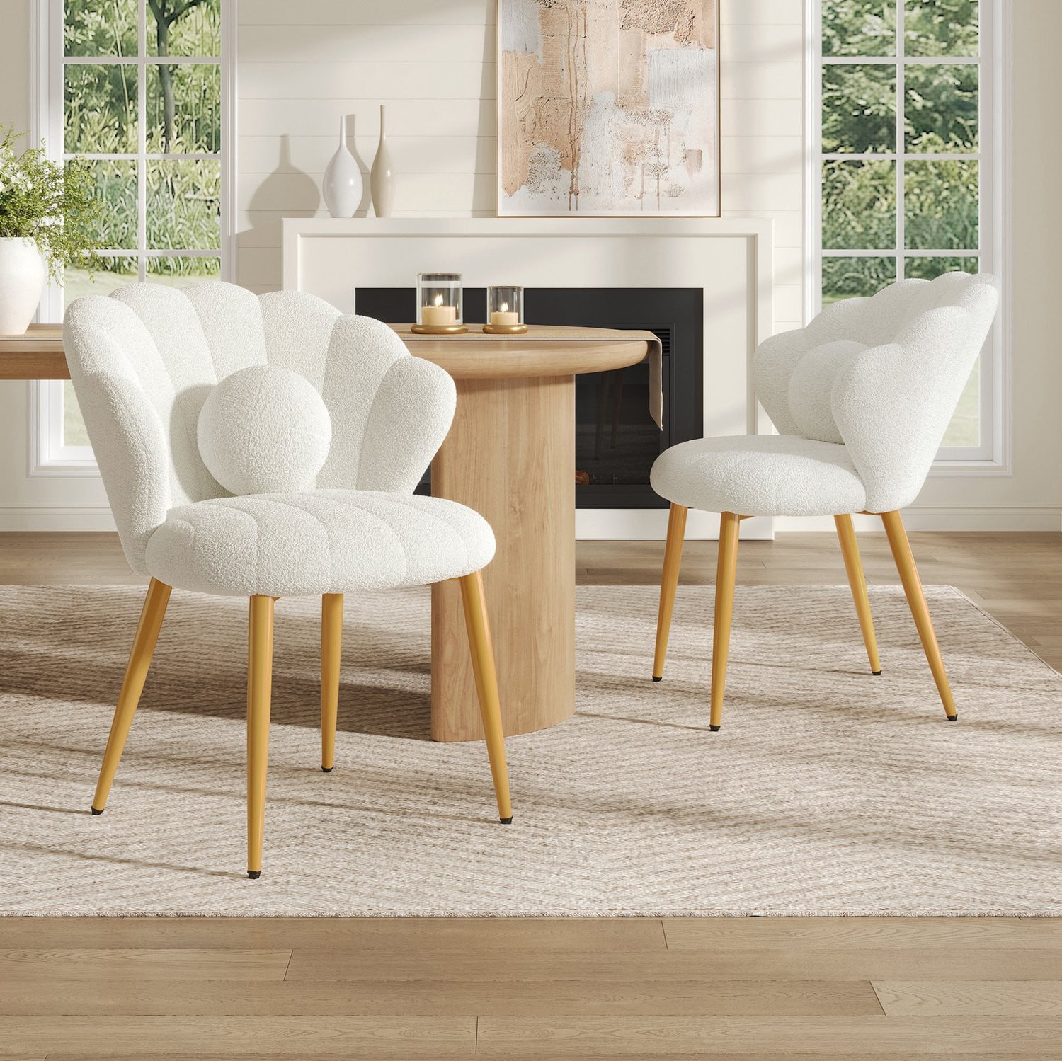 OKWISH Eetkamerstoelen Set van 2 - Schelpvormig - Teddy Stof - Wit