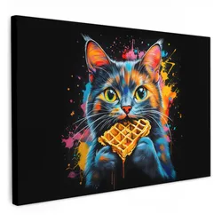 LEINWANDBILD Katze - Graffiti - Bunt - Waffel - Essen Wohnzimmer Groß 120x80 cm