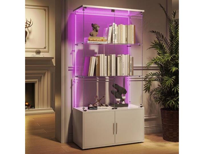 Vitrine en verre avec LED 4 étagères avec 4 portes Vitrine moderne en verre trempé 78x35x164cm Blanc