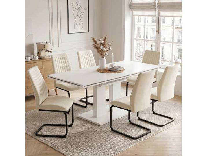 JIEXI Esstisch mit 6 Stühlen, 6 Esszimmerstühle und 140-180CM Esstisch Ausziehbar Rechteckig Tisch, Moderne Essgruppe für Küche