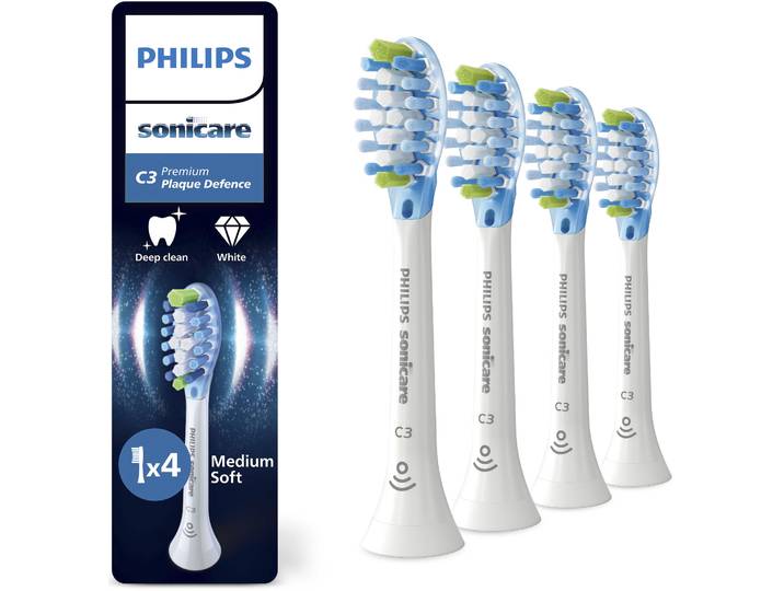 Aufsteckbürsten PHILIPS SONICARE C3 Premium Plaque Defence , weiss (weiß), Zahnbürstenköpfe, 4 Stk., Aufsteckbürsten, für extra gründliche Plaque-Entfernung, für jedes Sonicare Handstück