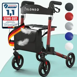 ELONEO Rollator faltbar und leicht mit Sitz, Leichtgewicht-Reiserollator aus Aluminium, Gehhilfe 8-fach höhenverstellbar, Laufhilfe 3-fach faltbar für Kofferraum, Tasche & Schirmhalter Rot