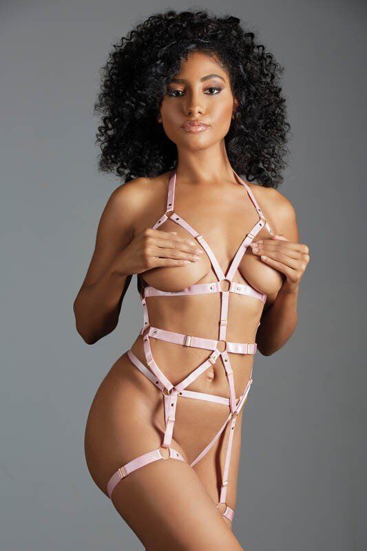 Allure Bustier harnais rose avec string ouvert