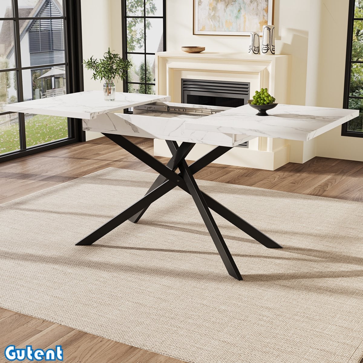 Gutent Uitschuifbare Eettafel met Wit MDF Tafelblad en Zwarte IJzeren Poten, 120-160 cm