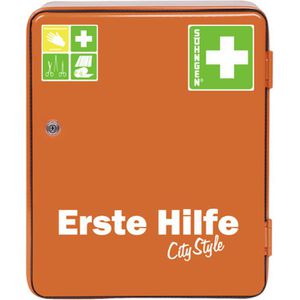 Söhngen Verbandschrank Heidelberg 0501030, hängend, DIN 13157, für Betriebe, abschließbar, orange, aus Stahl, 36 x 30 cm