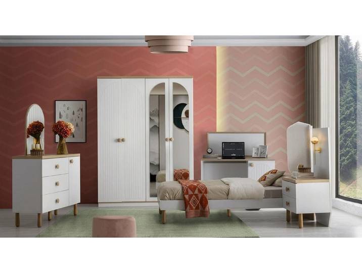 Xlmoebel Jugendzimmer-Set Zeitloses Jugendzimmer Ensemble Weiß Holz Bett Schrank 6 tlg, (6-tlg., 6-tlg. Set: Bett, Tisch, Nachttisch, Schrank, Kommode, Spiegel)