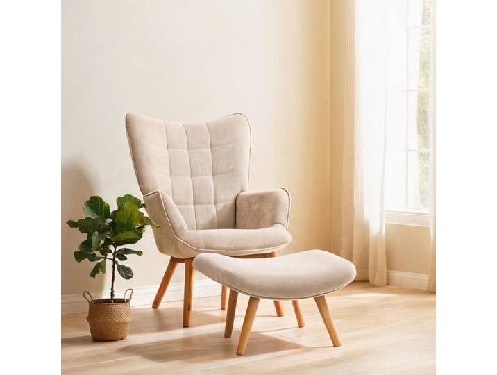 Ensemble relaxation fauteuil haut dossier et repose-pieds revêtement polyester texturé beige pieds hêtre