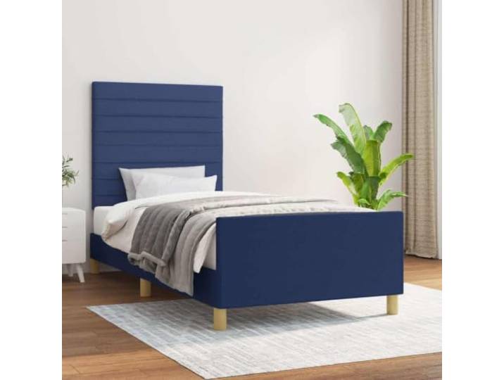 KGHFDVB Bett 80 x 200 cm aus Holzwerkstoff Blau Horizontale Polyester Stoffbezug 100% Polyester, Kopfteil höhenverstellbar, Sperrholzlatten für gleichmäßige Gewichtsverteilung, stabile Beine