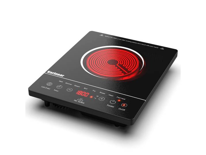 Plaque Vitrocéramique 1 Feu Portable, Karinear, Plaque Electrique Camping, 650℃ Max, Plaque de Cuisson Electrique 1 Feu with Prise VDE, Sécurité Enfant, Indicateur de Chaleur Résiduelle, 220-240V