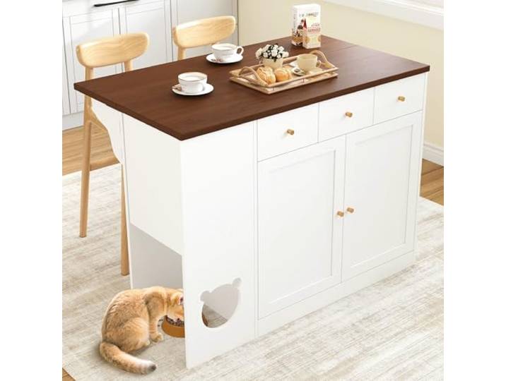 Ropilly Mobile Kücheninsel, Rollbarer Küchenwagen mit Stauraum, Moderner MDF Küchentrolley für Küche und Essbereich (White, Kücheninsel mit Haustierbereich)
