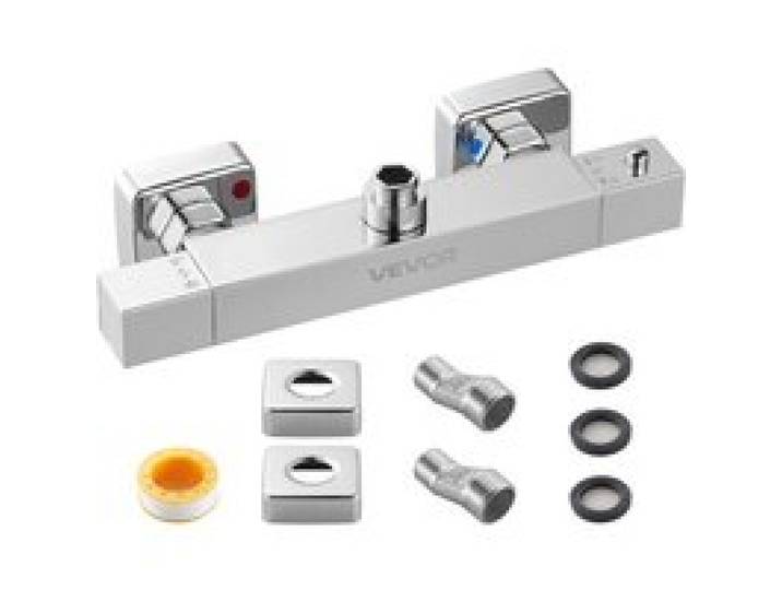 VEVOR Mitigeur Thermostatique de Douche à Verrouillage Sécurisé 38°C, Robinet de Douche Thermostatique à Eau Chaude et Froide, 2 Trous, Chrome Argenté, Vannes de Contrôle de Température, Salle de Bain
