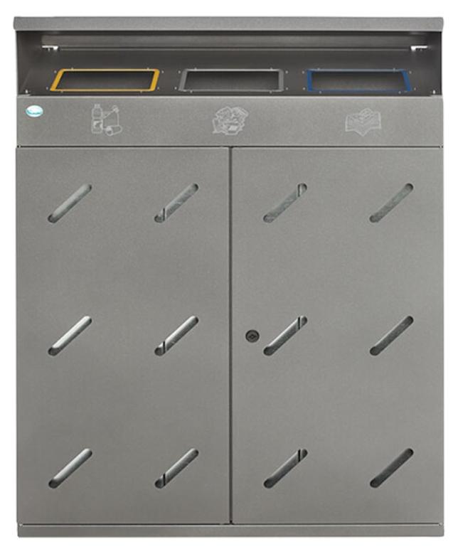 Robuste Wertstoffsammlstation 3-Fach-Einwurf | 300 Liter, HxBxT 118,5x89x50cm | Verzinkter Stahl | Eisenglimmer