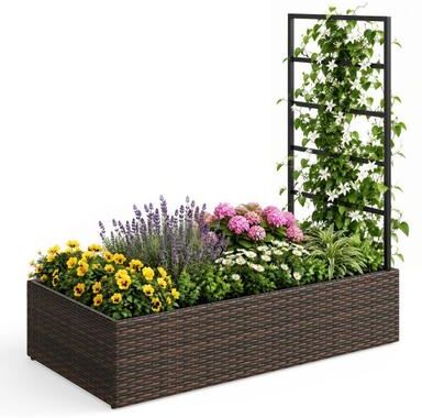 Costway Rattan Raised Garden Bed with Trellis and Open-Ended Base for Patio Backyard Balcony-Brown