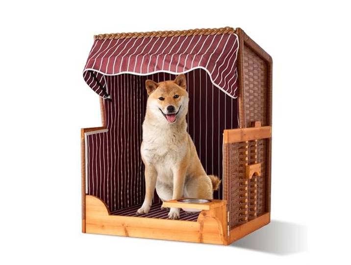 Relaxdays Fauteuil Chien en rotin\, gamelle\, avec Toit\, 95x75x65 cm\, Jardin/terrasse\, Bois\, Rouge foncé