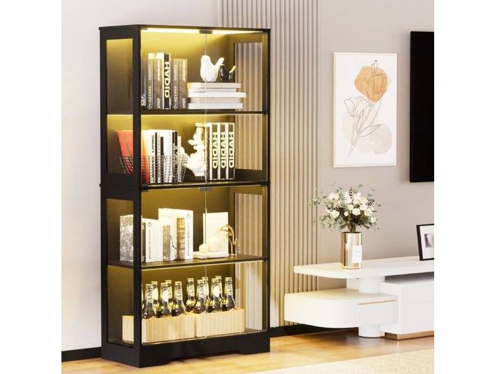 VUENOR Vitrine en verre 4 niveaux 80 x 35 x 165 cm noir avec LED tricolore et capteur