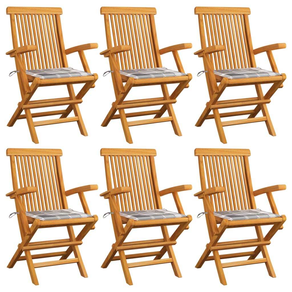 Maison Exclusive - Klappstühle, grau karierte Kissen, 6-teilig, massives Teakholz