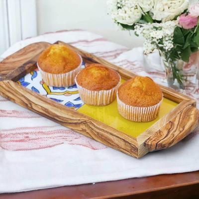 Kamsah Small Olive Wood Serving Tray, Ceramic Tile Accent, Ergonomic Handles