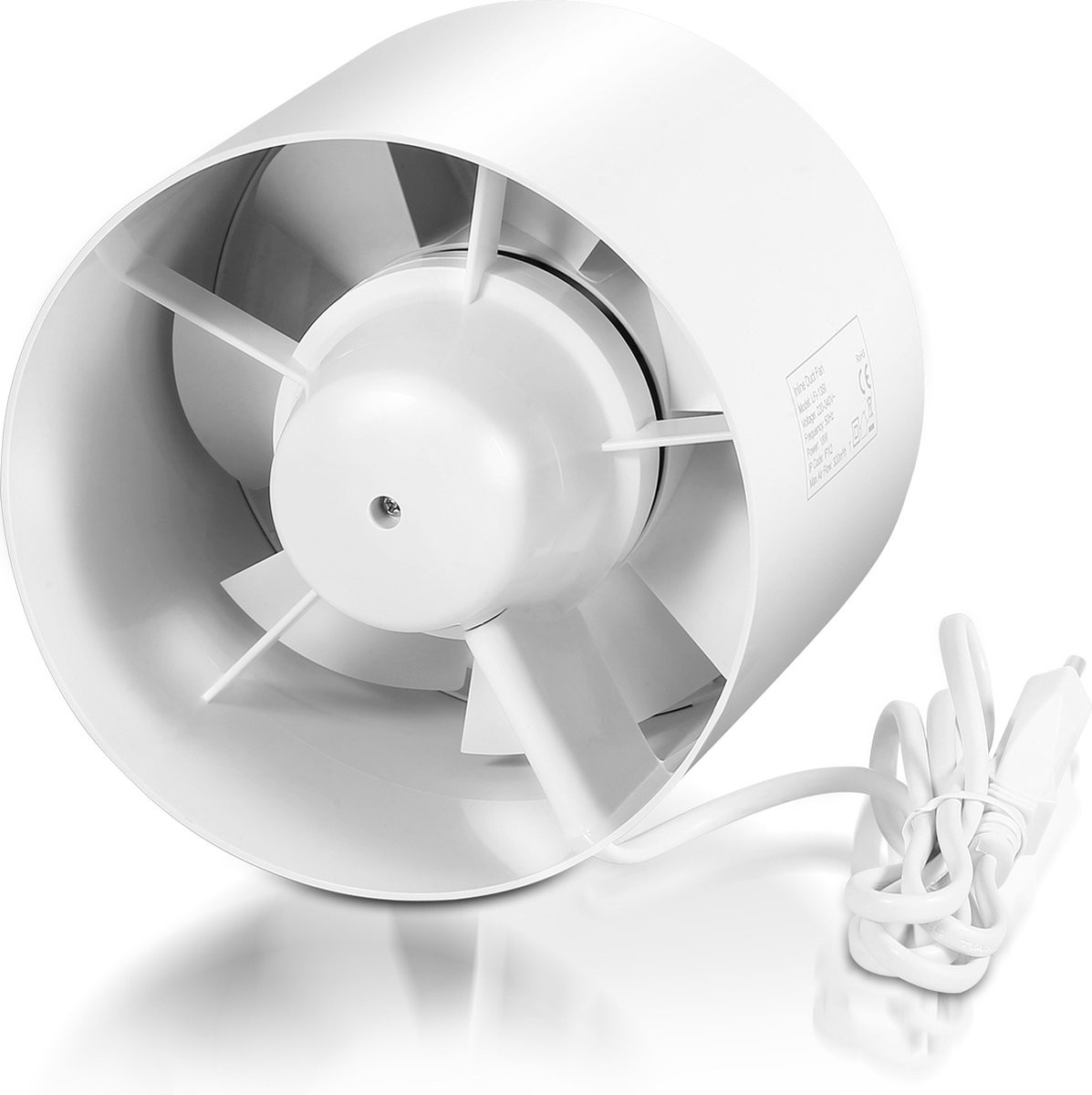 Witte Buisventilator 150 mm met terugslagklep en systeemuitlaat van kunststof