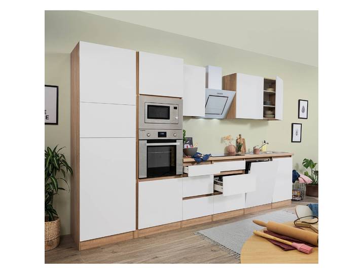 Cuisine équipée Lorena II 345cm Blanc/Blanc brillant/Imitiation chêne Avec électroménager