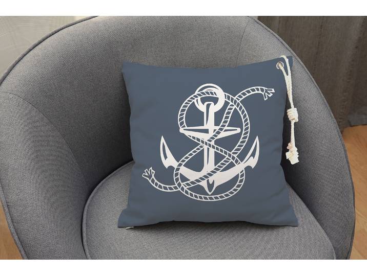 Dekokissen QUEENCE Maritimer Anker Sylt , blau (dunkelblau, bedruckt gemustert), B:40cm L:40cm, Baumwolle, Polyester, Dekokissen_Sitzkissen_Kissenhüllen, Dekokissen, Outdoor-Kissen mit Öse und dicker Stoffkordel