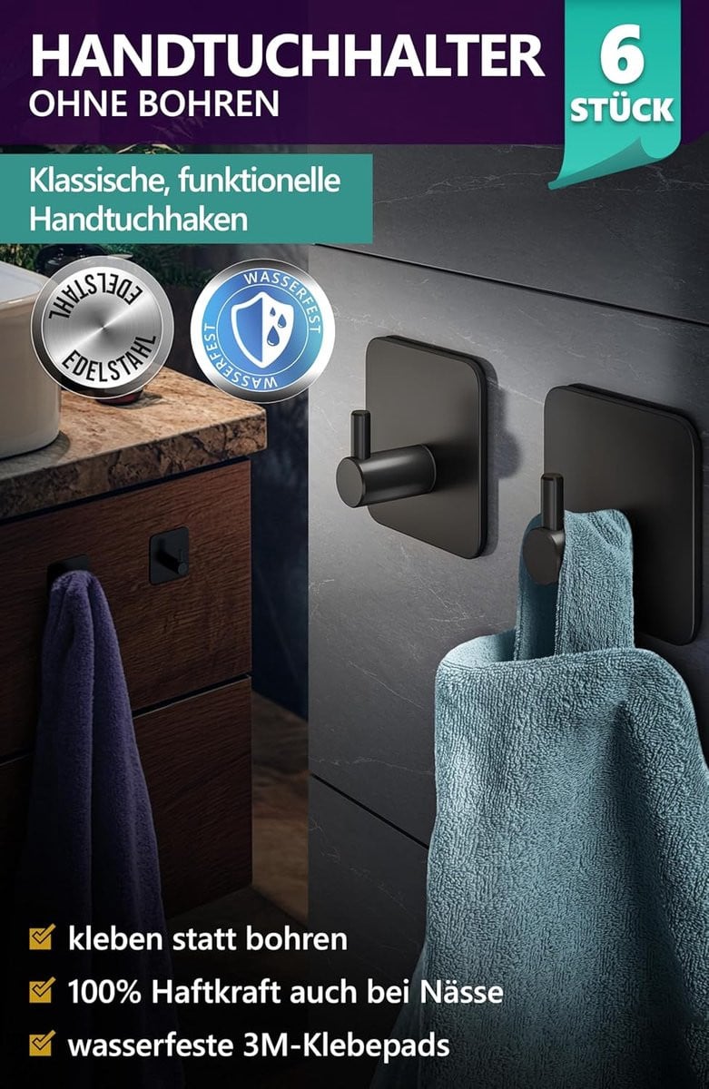 Set van 6 zwarte handdoekhouders zonder boren met zelfklevende 3M kleefpads voor keuken en badkamer