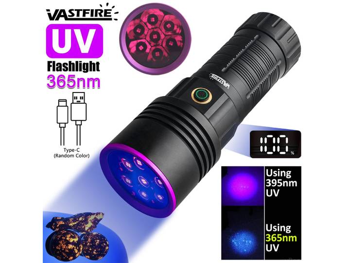 Lampe torche UV 365NM haute puissance, miroir noir, détection de lumière violette, puissante, rechargeable par USB Type-C, lampe LED ultraviolette