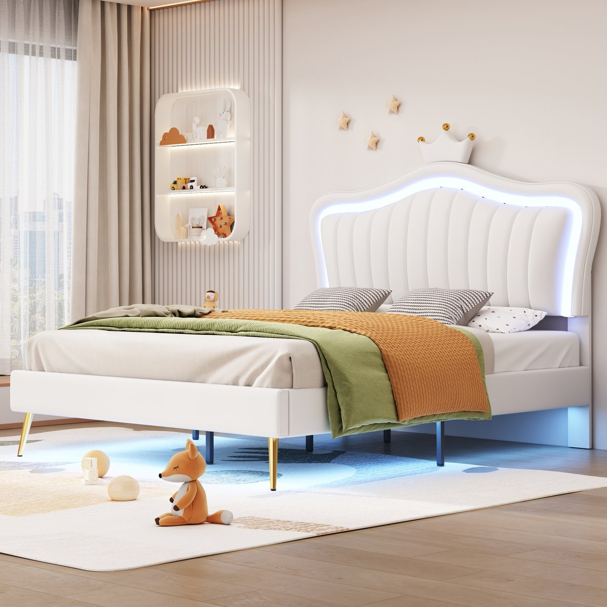 AURA LUMEN Gestoffeerd tweepersoonsbed met LED-verlichting en hoofdbord, Wit, 140 x 200 cm