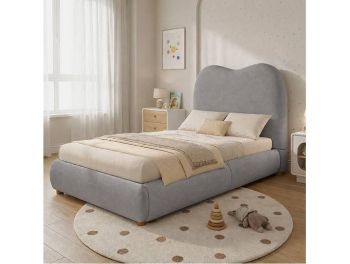 ULEVR Lit enfant coffre hydraulique 90 x 200 cm gris lin sommier à lattes tête de lit