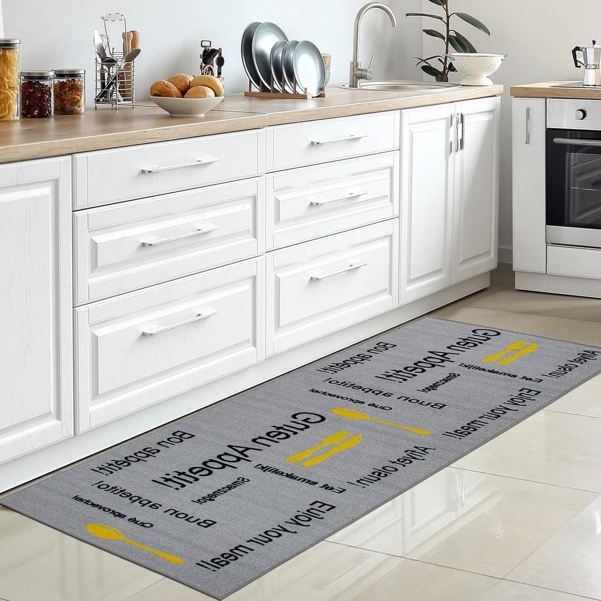 Keuken Runner Keukentapijt met Antislip Onderlaag - Grijs Geel - B/D: 80 x 300 cm