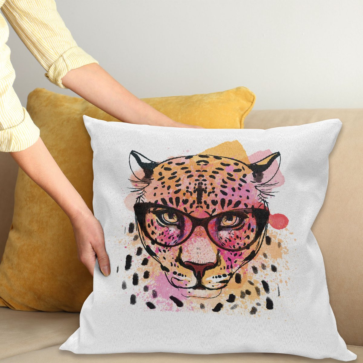 ABAKUHAUS Dier Kussenhoes Modern Hipster Leopard, Oranje Bruin Roze, 45 x 45 cm
