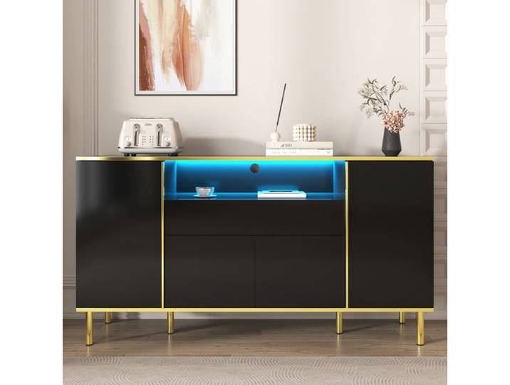 Buffet Salon Moderne avec Led Lumière Commode Noire Brillante 1 Tiroir 4 Portes 150x40x80cm