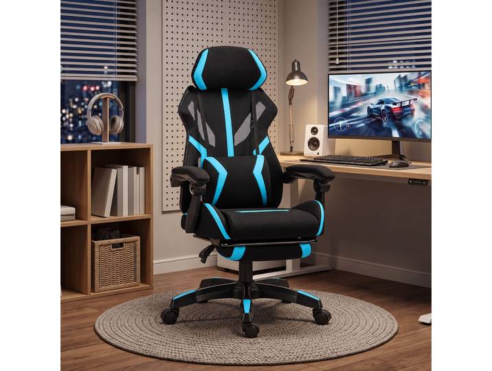 HOMCOM Chaise Gaming Ergonomique Maille Noir Bleu Inclinable