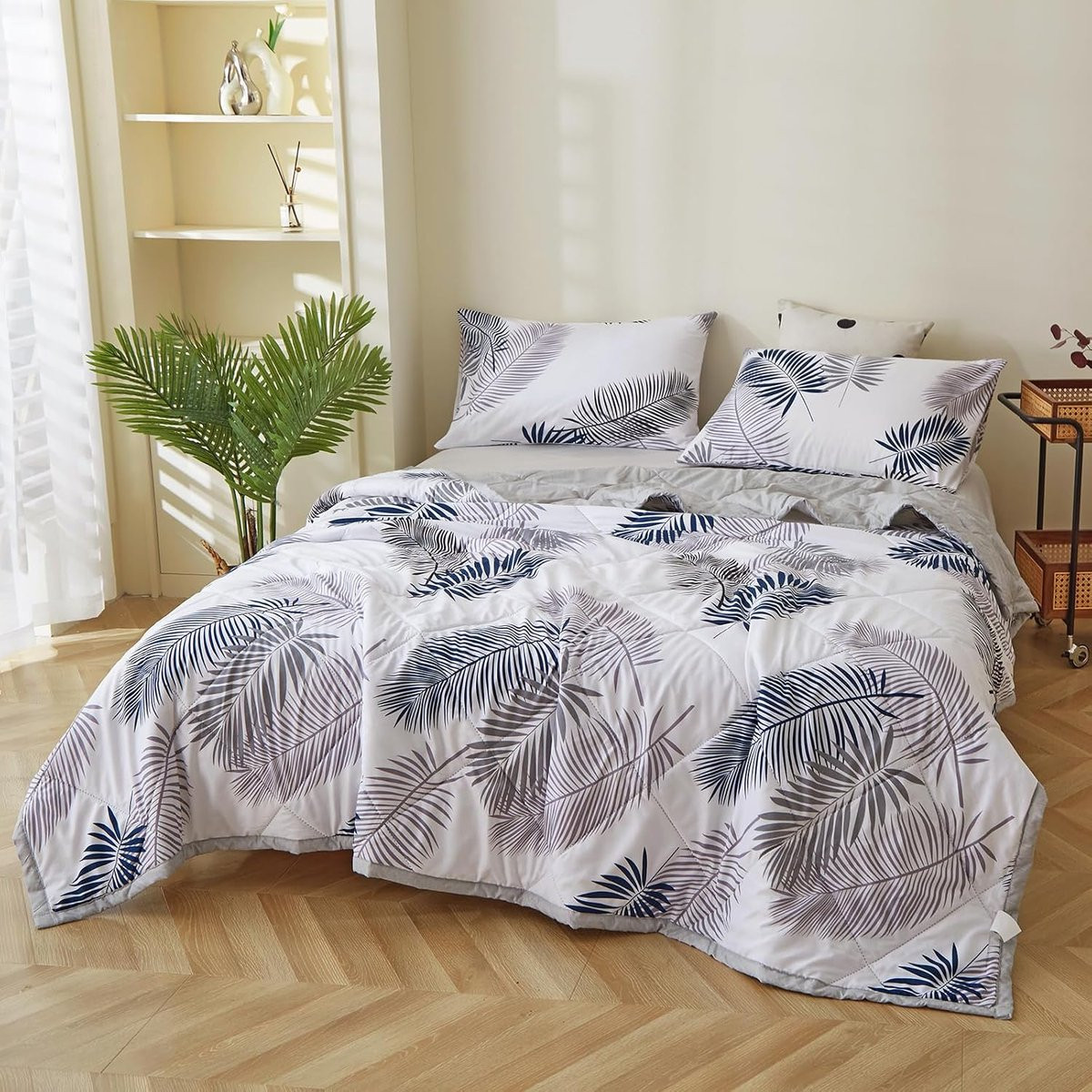 Omkeerbare microvezel bedsprei voor tweepersoonsbed met zomerbladeren, 100 x 150 cm