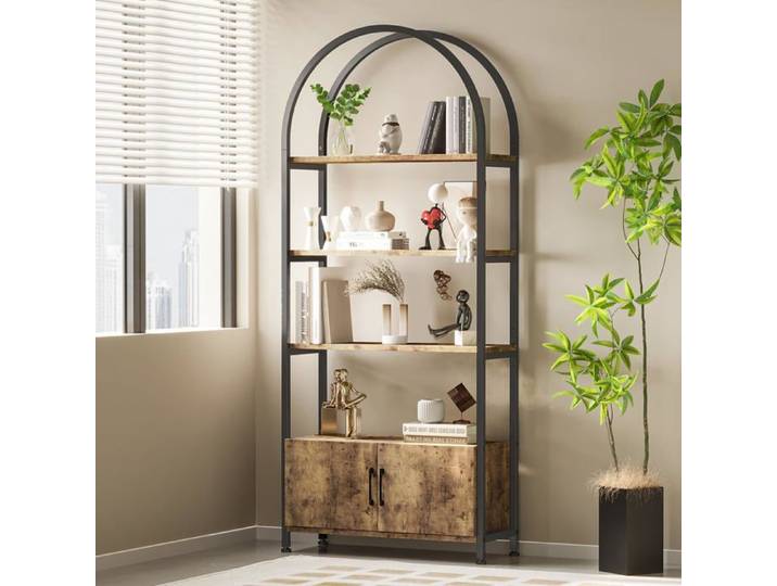Bibliothèque arquée marron vintage 180cm 4 niveaux cadre métal étagère déco salon sur pieds
