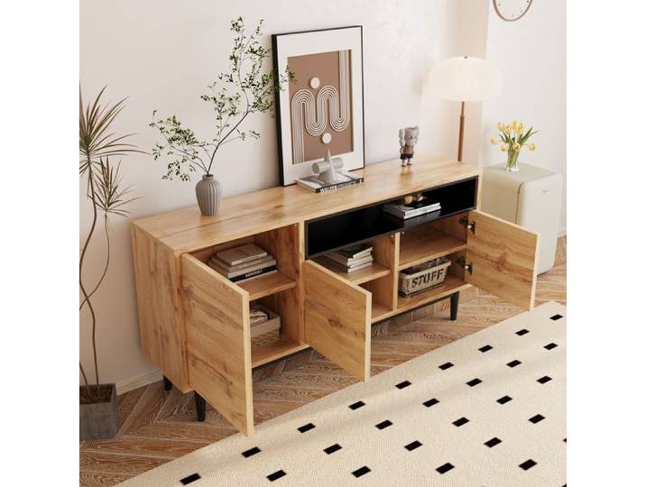 LPOSPI Buffet contemporain en mdf et bois 3 portes + tiroirs – 160×35×76 cm noir