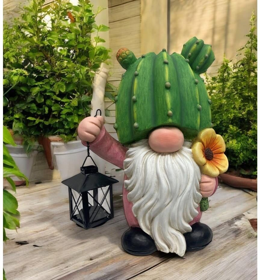 Gartenfigur "Dameco Gartenwichtel Kaktus mit Laterne 21 x28 x39.5 cm", grün (mehrfarbig), B:21cm H:39,5cm, Polyresin (Kunststein), Gartenfiguren, Gartenfigur mehrfarbig B/H/L: 21cm x 39,5cm