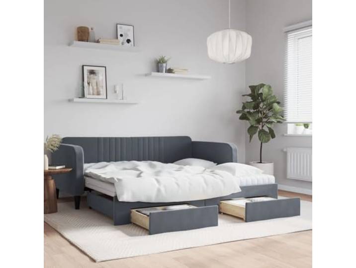 RJPLMFV 2-in-1-Tagesbett mit Ausziehbett und Schubladen, Dunkelgrau, Velours