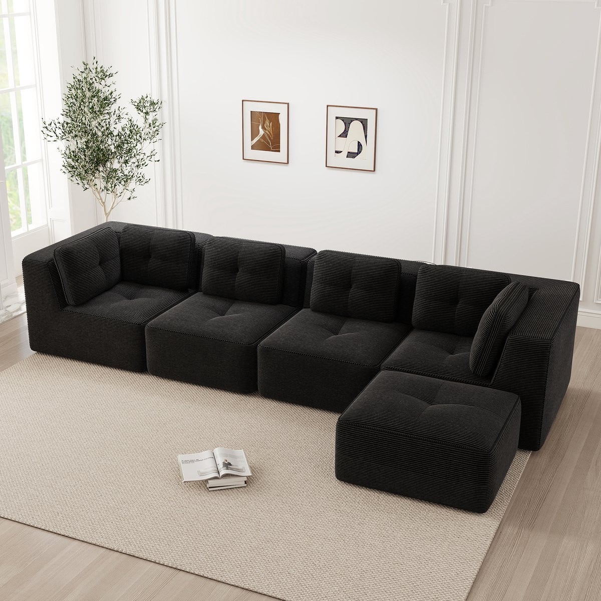 FloraGrace Hoekbank 4-Zits - Modulair - Ribstof - Zwart