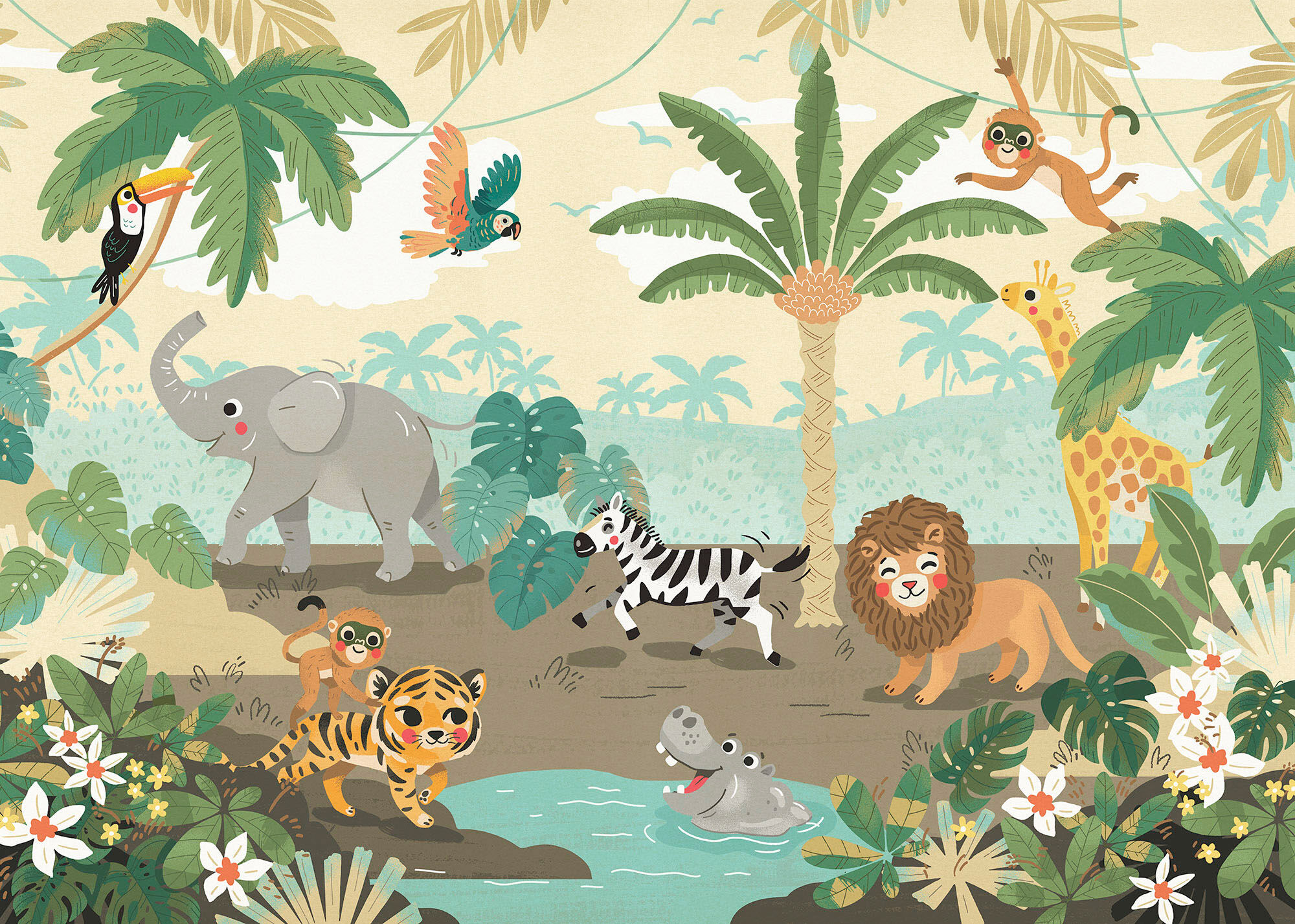Fototapete KOMAR "Digitaldruck Vlies - Baby Safari - Grösse 350 x 250 cm", bunt, Rollen: 1, Vlies, Tapeten, Fototapete, Wohnzimmer, Schlafzimmer bunt Rollen: 1