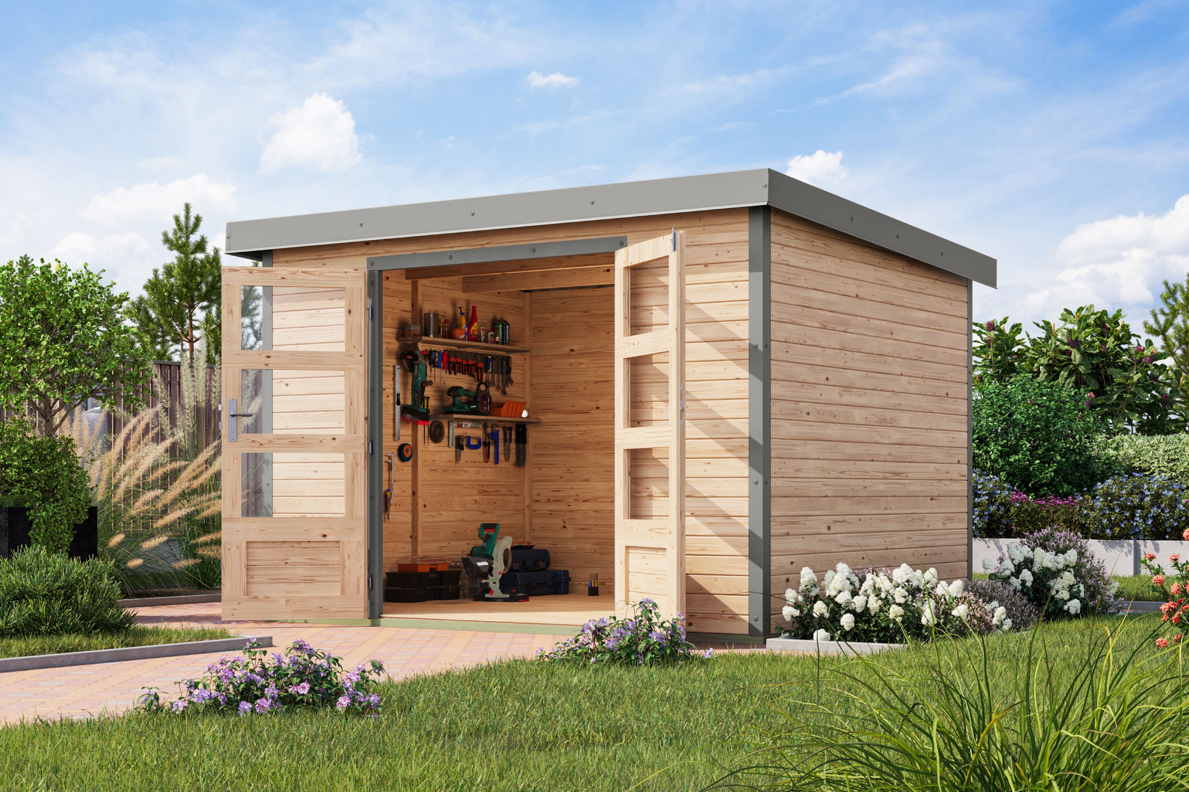 Gartenhaus KARIBU "Jupiterino 5, in verschiedenen Farben", naturbelassen, graualuminium, ohne Fußboden, Blechdach, Massivholz, Gartenhäuser, Gartenhaus
