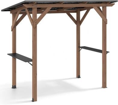 Costway 8.6 FT x 5 FT Grill Gazebo Cedar Wood BBQ Gazebo with 2 Side Serving Shelves-Brown