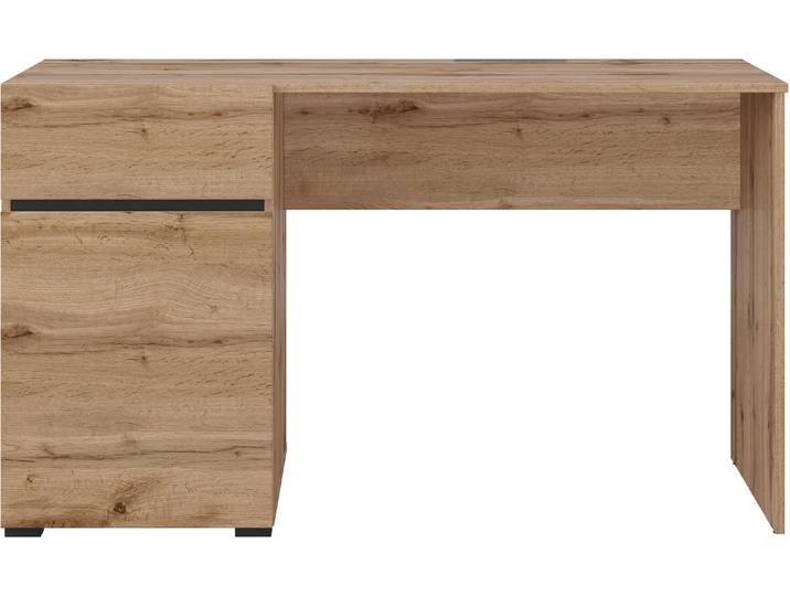 Schreibtisch GOODPRODUCT Cross, Breite 130 cm, praktischer Computertisch , braun (wotan eiche, wotan eiche, wotan eiche), B:130cm H:75cm T:50cm, Tische, Schreibtisch, Bürotisch mit 1 Schublade und Tür, Tischplatte mit Kabeldurchführung