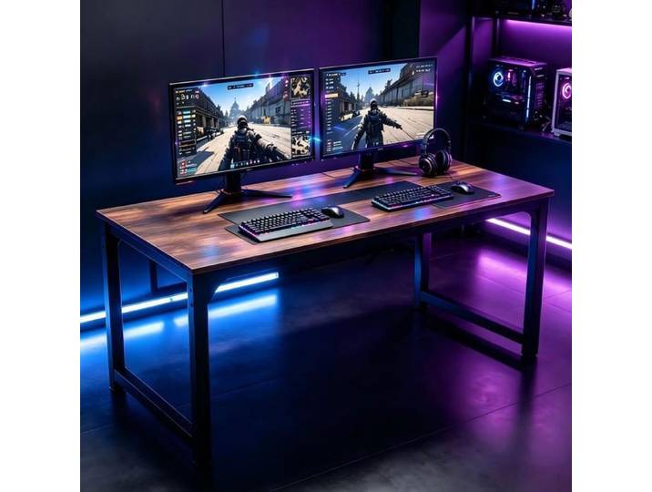 Bureau Gaming 180x90x77 cm Grande Surface de Table Gaming Ergonomique Grand bureau d'ordinateur Gamer - Marron