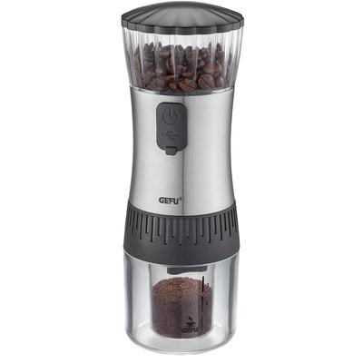 Kaffeemühle GEFU "POLVE", transparent (silberfarben, schwarz, transparent), B:8cm H:22,5cm T:8cm, Kaffeemühlen, Keramikmahlwerk, stufenlos, Kompakt, leicht, USB