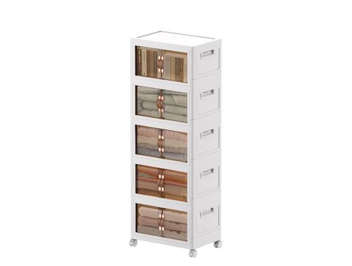 MECOLOR Stapelbare Aufbewahrungsbehälter mit Deckel, 5 x 34 l, faltbare Aufbewahrungsbehälter mit Rollen, Schrank-Organizer und Aufbewahrung mit magnetischer Tür für Wohnzimmer, Badezimmer, Büro (5 x