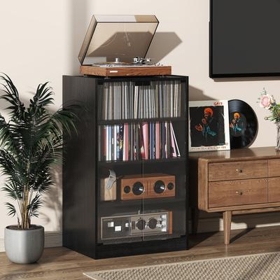 HOMCOM 5-Tier Media Stand Cabinet with 3-Level Adjustable Shelves, Tempered Glass Doors, and Cable Management, Black