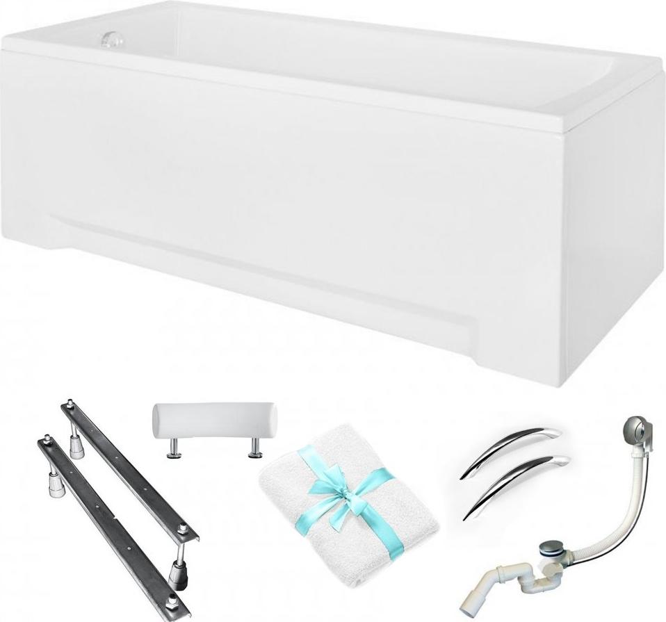 Aqua For You | Besco Badewanne Rechteckig Optima 170x70 - Weiße Verkleidung - Kopfstütze Ambition - 2 Griffe - Gestell Typ W