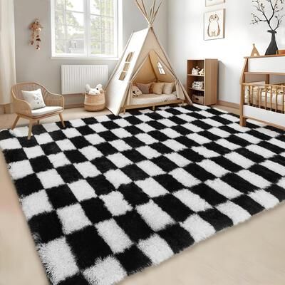 Garvee Modern Geometric Checkered Shag Area Rug