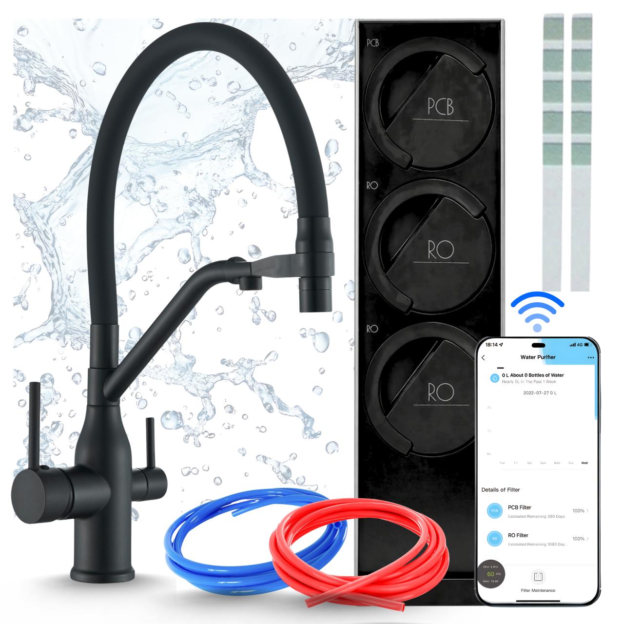 Küchenarmatur Mit Wasserfiltersystem Ari Magneto, Umkehrosmose 800 Gpd, Wifi, Tanklos, Zweigriffarmatur, 360 Grad Schwenkbar, Messing, Schwarz Matt